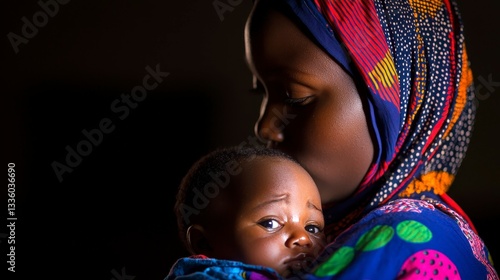 Affectionate Mother Holding Child in Colorful Fabric Embrace Tender Moment of Love and Care