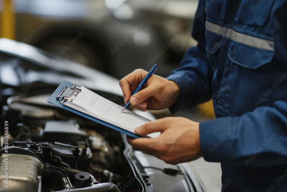 Mechanic taking notes in garage while working on car engine auto repair shop scene Mechanic taking notes in garage while working on car engine auto repair shop scene