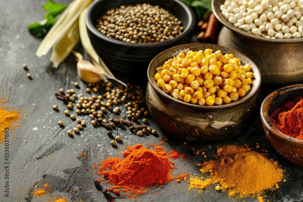 High Definition View of Spices and Bowl of Corn Seeds High Definition View of Spices and Bowl of Corn Seeds