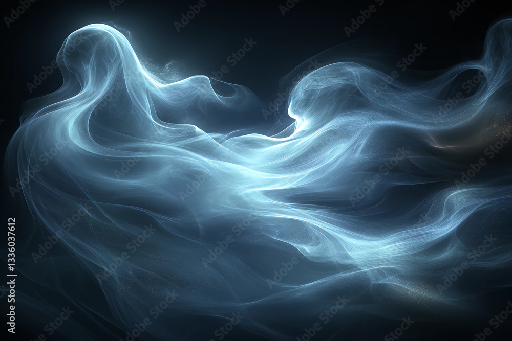 Fototapeta premium Mysterious and Ethereal Ghostly Tendrils of Smoke Glowing and Dancing in the Air, Forming Mystical Shapes with Unseen Magic and Mysticism