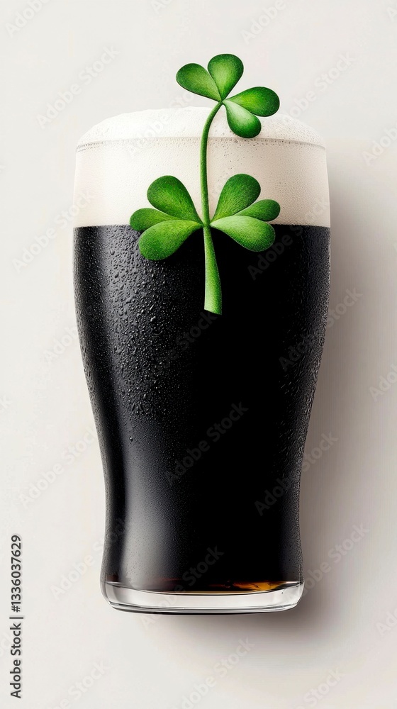 Pint of Irish Stout Celebratory Beverage Topped with Shamrock Leaves Emblematic of Saint Patricks Day Pint of Irish Stout Celebratory Beverage Topped with Shamrock Leaves Emblematic of Saint Patricks Day