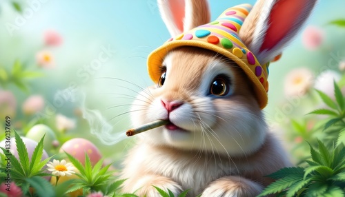 Cute Easter Bunny Smoking Joint in Marijuana Field