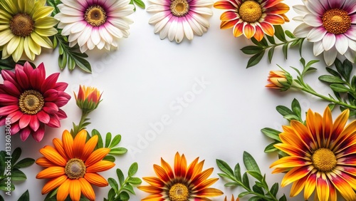 Bird's Eye View of Gazania Treasures on White Background for Modern Design, Flat Lay Composition, Framed Aesthetics, Futuristic Elements, Copy Space for Creative Projects