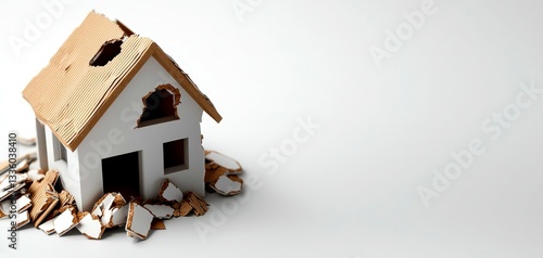 Dilapidated Miniature House Amidst Debris Representing Crisis or Loss of Property and Shelter