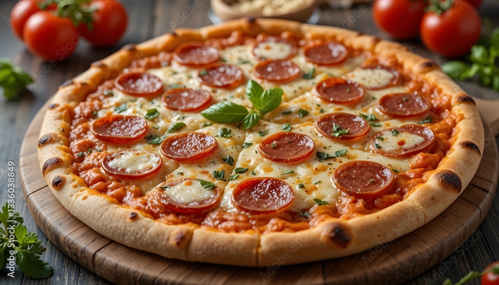 Tasty pizza with basil on table in the kitchen
front view Tasty pizza with basil on table in the kitchen
front view