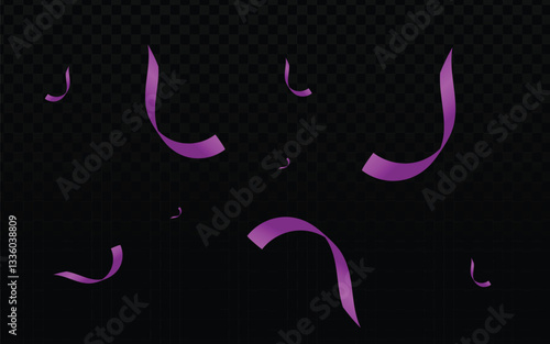 Purple confetti vector art, a globally recognized symbol of celebration. Clean vector lines create realistic, falling ribbons. Ideal for mockups, designs, or digital overlays.