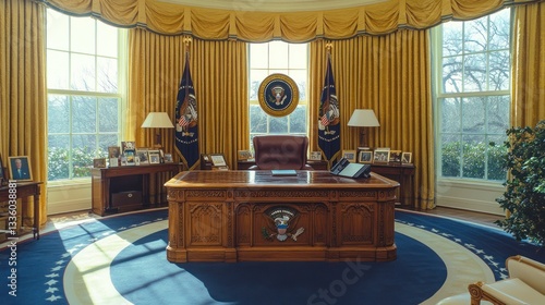 Oval Office, President's Desk, White House, Sunny Day, Interior View