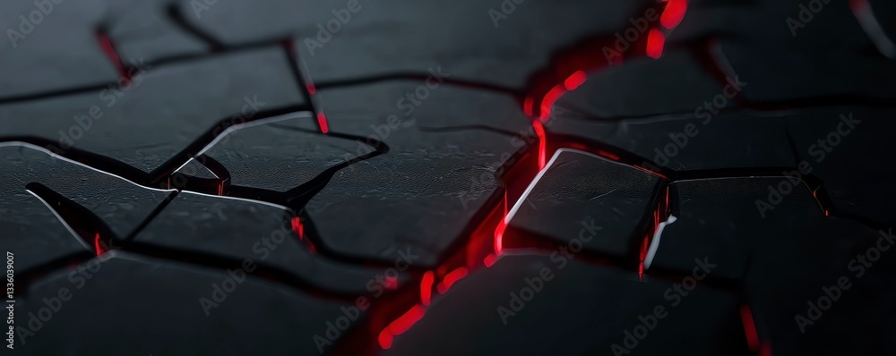 Fototapeta premium Fractured Stone with Radiant Red Crevices Abstract Dark Geometric Pattern Detailed Background