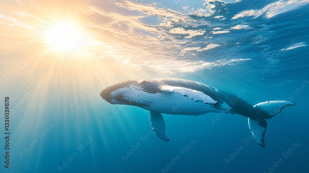 Obraz premium Majestic whale swimming gracefully, large marine mammal gliding under sunlight in serene ocean waters, tranquil atmosphere.