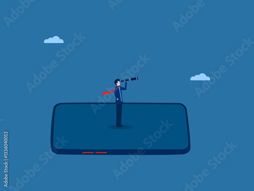 Find Job, Search, Online Information, People Looking at Telescope on Smartphone