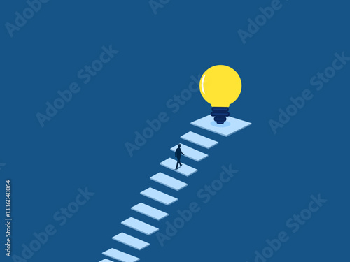 Businessman climbs the stairs to the light bulb of wisdom