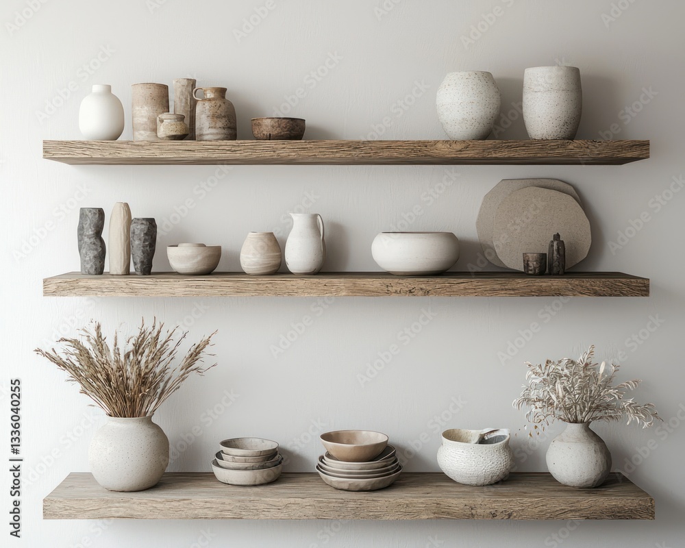 Minimalist open shelving with neutral ceramics and decor.