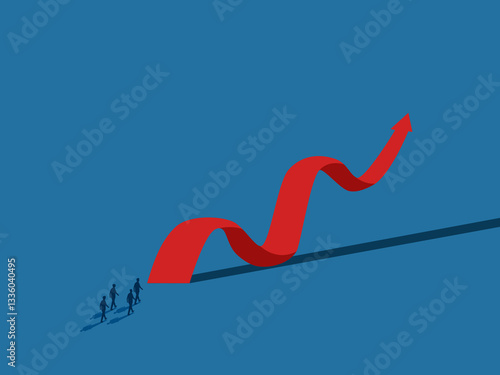Volatility, development, ambition, businessman team stand walk to the starting point growth graph