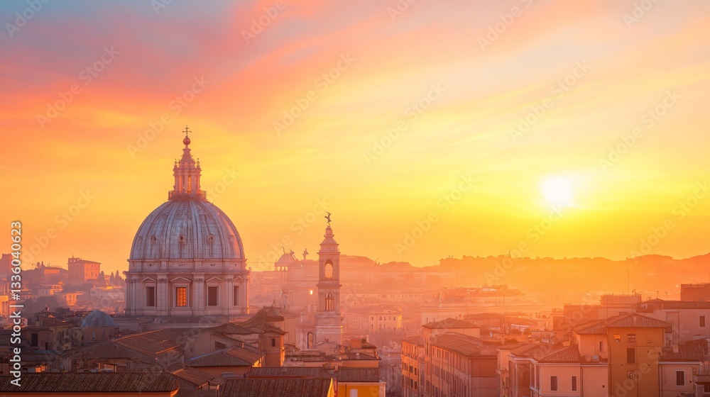Fototapeta premium Sunrise over historical dome, breathtaking view with soft orange hues, perfect for travel blogs or inspirational content.