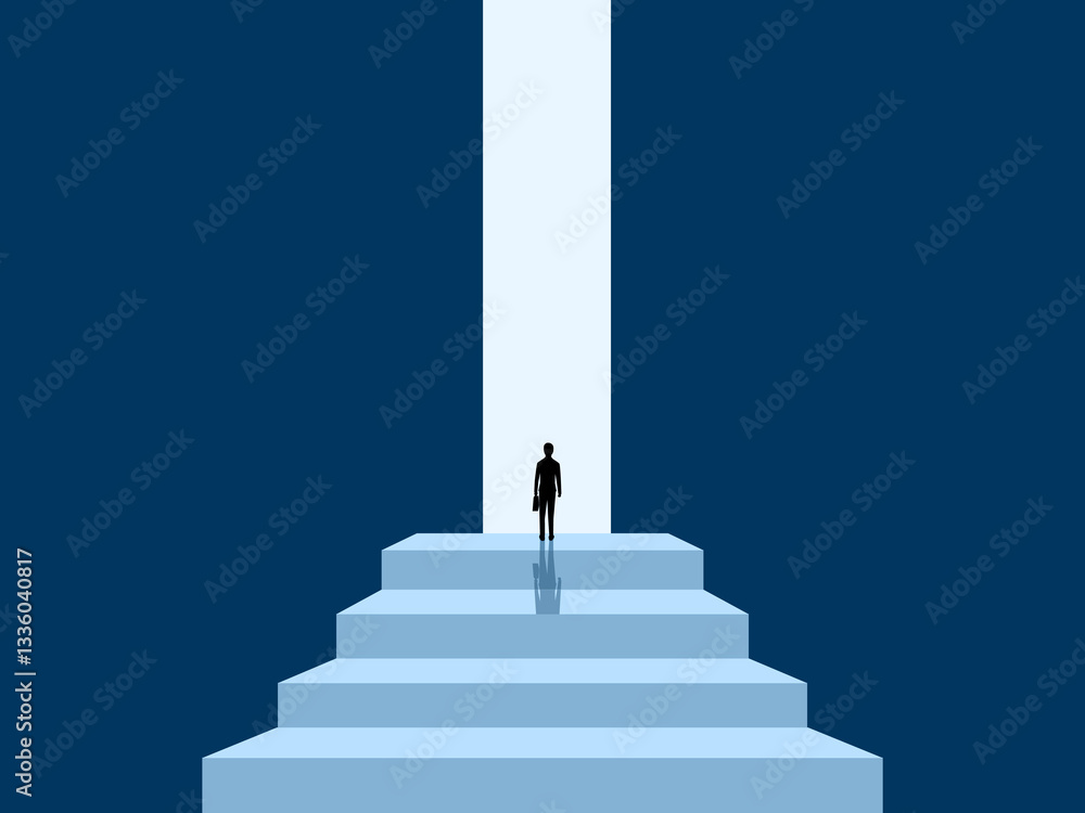 New Success, Businessman Standing On Stairs Finds Entrance Big Door Opportunity New Success, Businessman Standing On Stairs Finds Entrance Big Door Opportunity