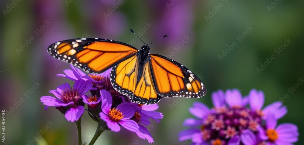 Naklejka premium Delicate monarch butterfly perched on vibrant purple flower, summer, butterfly