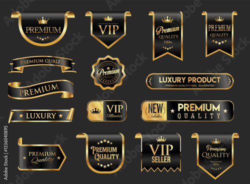 VIP and premium emblem black and gold isolated on black background stock illustration  