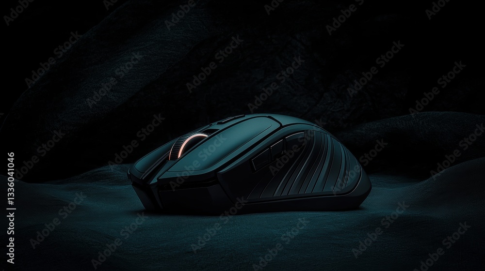 A black and silver gaming mouse with a glowing orange ring sits on a dark blue surface. A black and silver gaming mouse with a glowing orange ring sits on a dark blue surface.