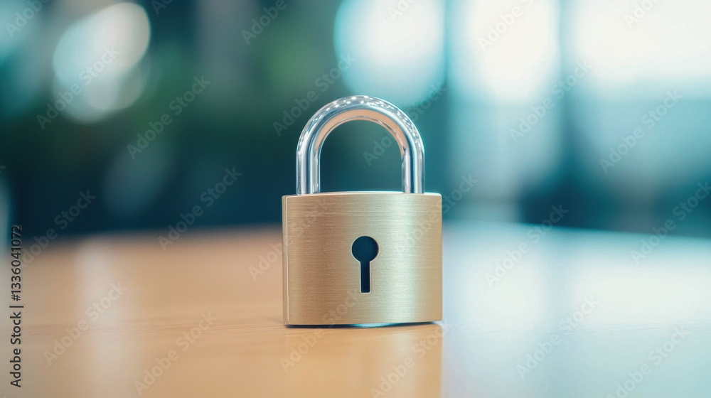 Fototapeta premium Data Protection Policy and Risk Management, shiny padlock on wooden table