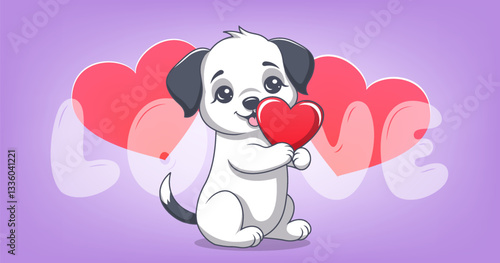 Vector cute cartoon kind gentle little sitting puppy with red heart. Poster of love and tender feelings. Toon pup and hearts. St. Valentine's Day. Holiday lovely dog. Festive gift