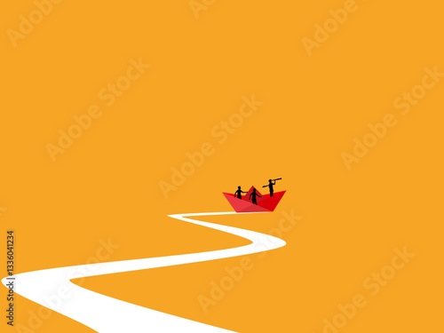 Vision, Leader, Businessman team on paper boat sailing forward