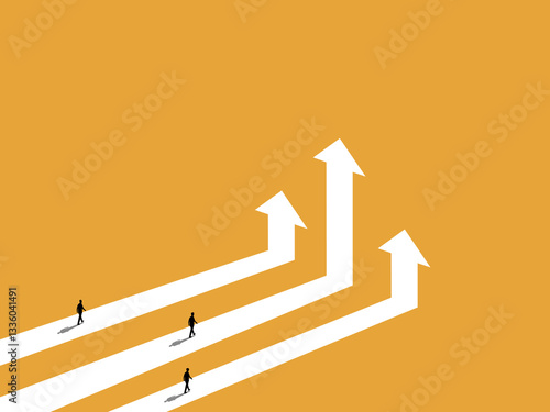 Business Competition, Businessman Walking on Different Growth Arrows Graphs
