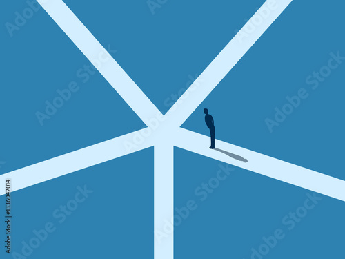 Businessman confused when looking at many paths