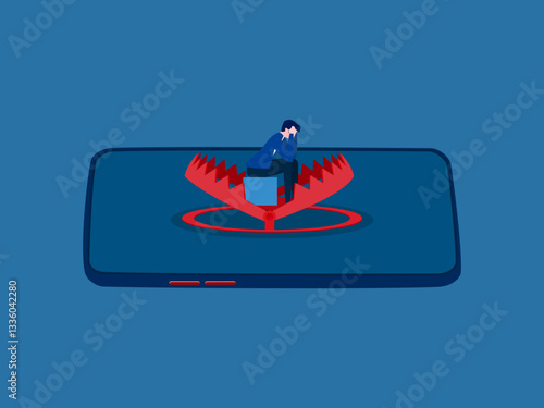 Businessman sitting stressed stuck on smartphone trap