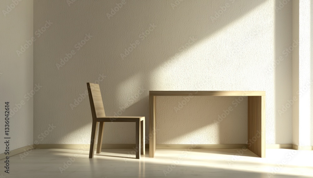 Minimalist workspace with a simple chair and wooden desk.
