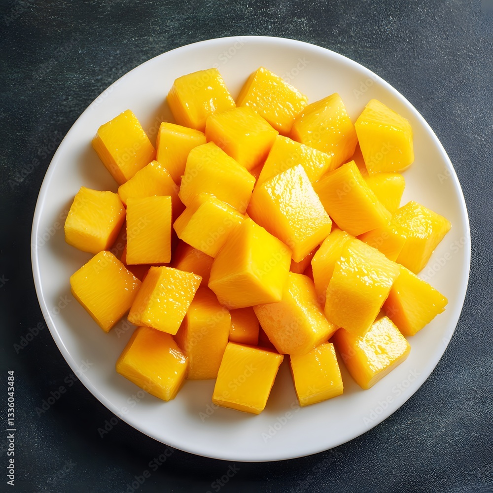 Diced Mango Pieces on a White Plate Diced Mango Pieces on a White Plate