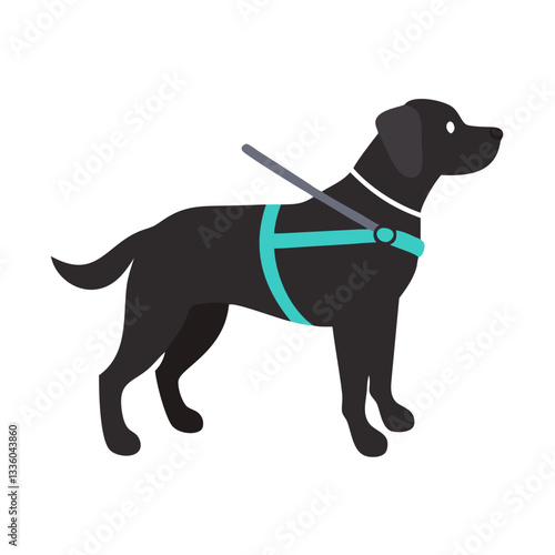 Black guide dog wearing a harness