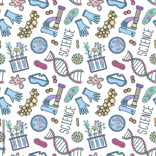 Seamless background with science laboratory tools and symbols. Hand drawn doodle biology, chemistry vector background