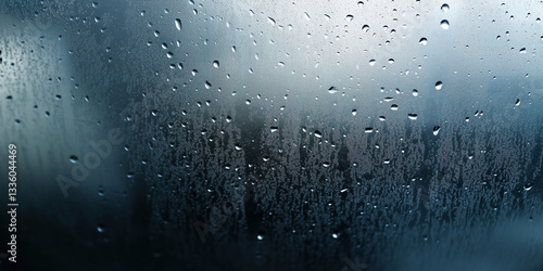 A close-up of a fogged-up glass wall with condensation droplets forming random streaks and patterns