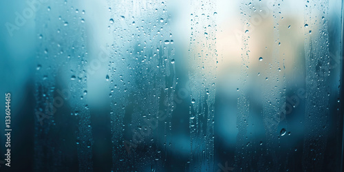 A close-up of a fogged-up glass wall with condensation droplets forming random streaks and patterns
