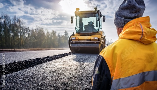 construction worker observing a road roller compacting asphalt on a new road
