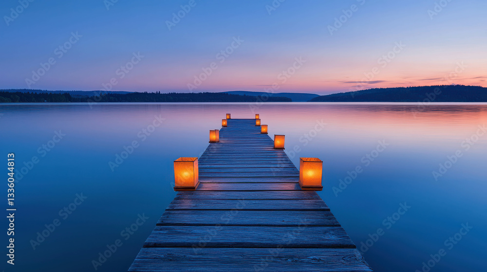 Naklejka premium Tranquil Lakeside Dock at Dusk with Illuminated Lanterns and Calm Waters