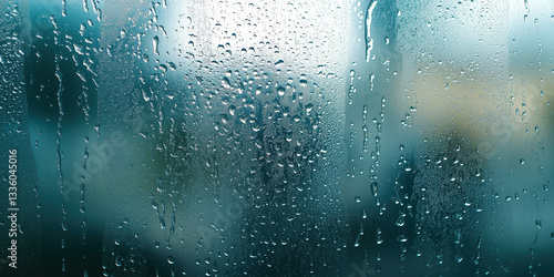 A close-up of a fogged-up glass wall with condensation droplets forming random streaks and patterns