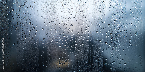 A close-up of a fogged-up glass wall with condensation droplets forming random streaks and patterns