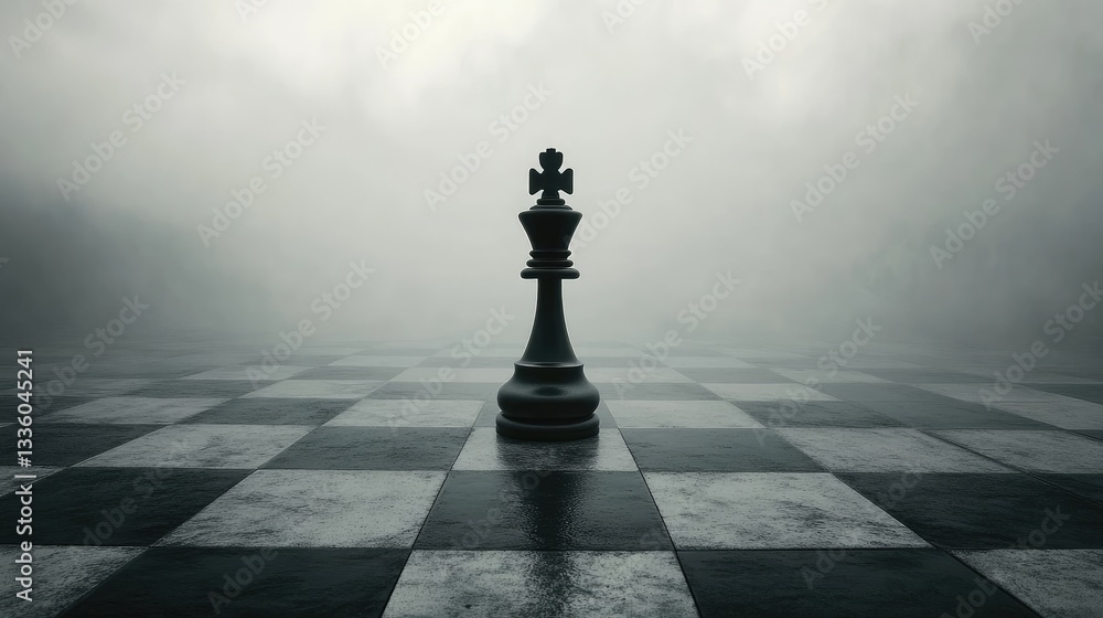 Majestic Chess Piece on Foggy Board with Dramatic Lighting Creating a Mystical Ambiance
