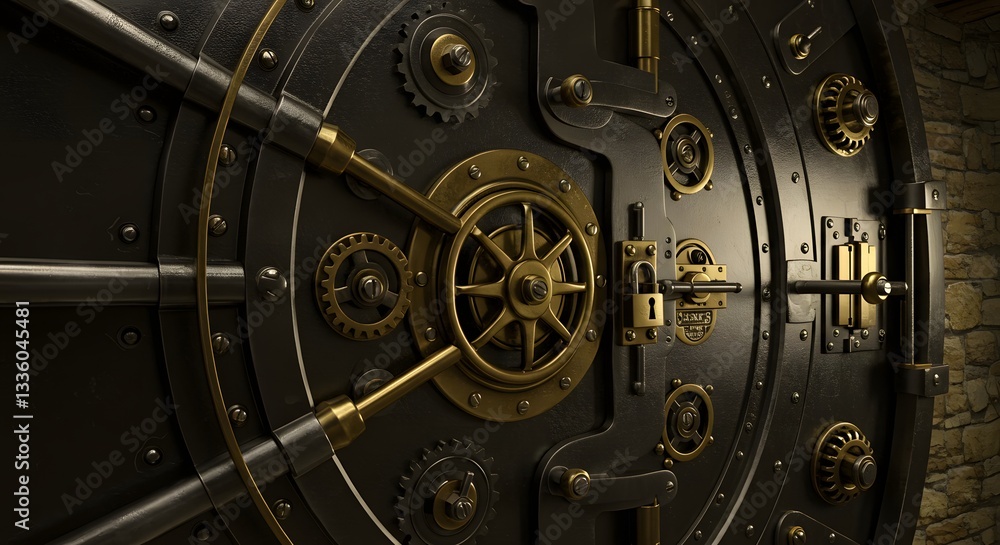Safe Security: Close-up of a formidable safe door, meticulously crafted with intricate gears and robust metalwork, conveys a sense of unwavering security and timeless craftsmanship. Safe Security: Close-up of a formidable safe door, meticulously crafted with intricate gears and robust metalwork, conveys a sense of unwavering security and timeless craftsmanship.