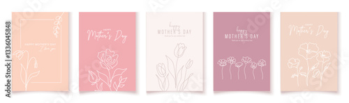 Set of elegant Mother's Day posters with floral line art. Minimalist one-line design for  Mother’s Day greeting cards. Stylish templates with delicate flowers 