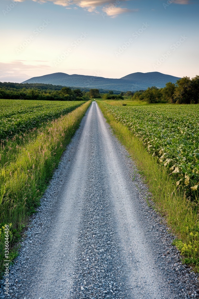 Gravel road through fields near mountains Gravel road through fields near mountains