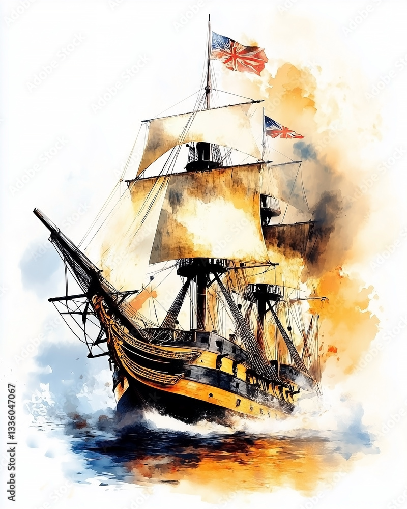 Obraz premium Watercolor Painting of an Antique Sailing Ship on a White Background
