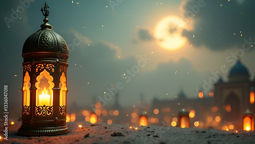 Ramadan lantern, glowing ornate lamp, starry night sky, crescent moon, distant domes and minarets, atmospheric lighting, bokeh effect, golden warm tones, mystical ambiance, Islamic architecture