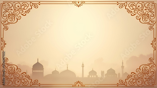 Vintage parchment background, intricate Islamic geometric border design, golden ornate flourishes, Middle Eastern city skyline silhouette, mosque domes and minarets, sepia tones, antique document
