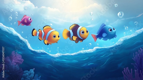 Underwater scene with four friendly fish, different shades, deep blue ocean, vibrant animated atmosphere, gentle waves, cartoonish fantasy world.