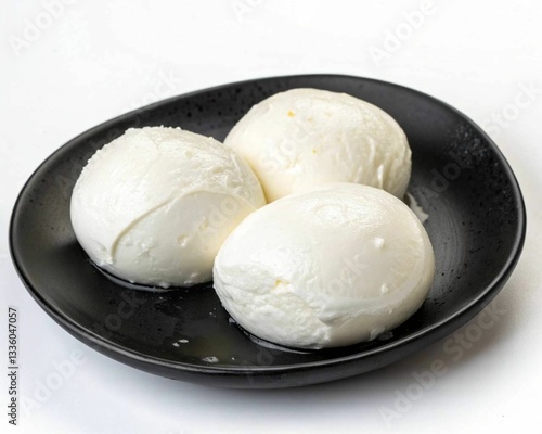 Italian mozzarella of fresh cheese from cow buffalo s milk over dish on white background.