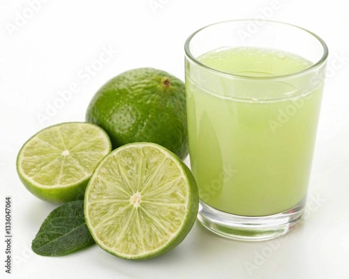 Freshly squeezed lemon juice in glass, fresh lemon, healthy on white background