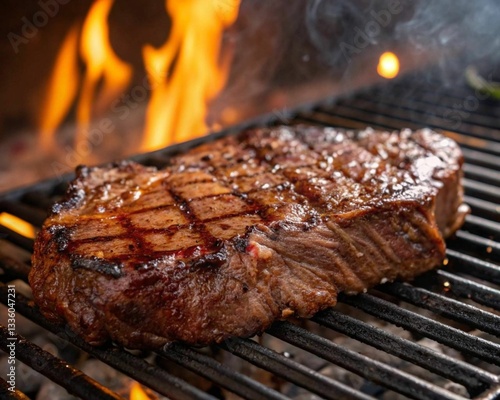 Smoked marinated meats grilled on a barbecue are delicious at a summer party. A hot charcoal grill with flames blazing in the background.