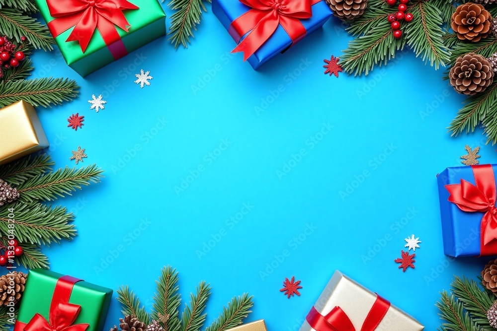 blue background with christmas decorations and presents blue background with christmas decorations and presents